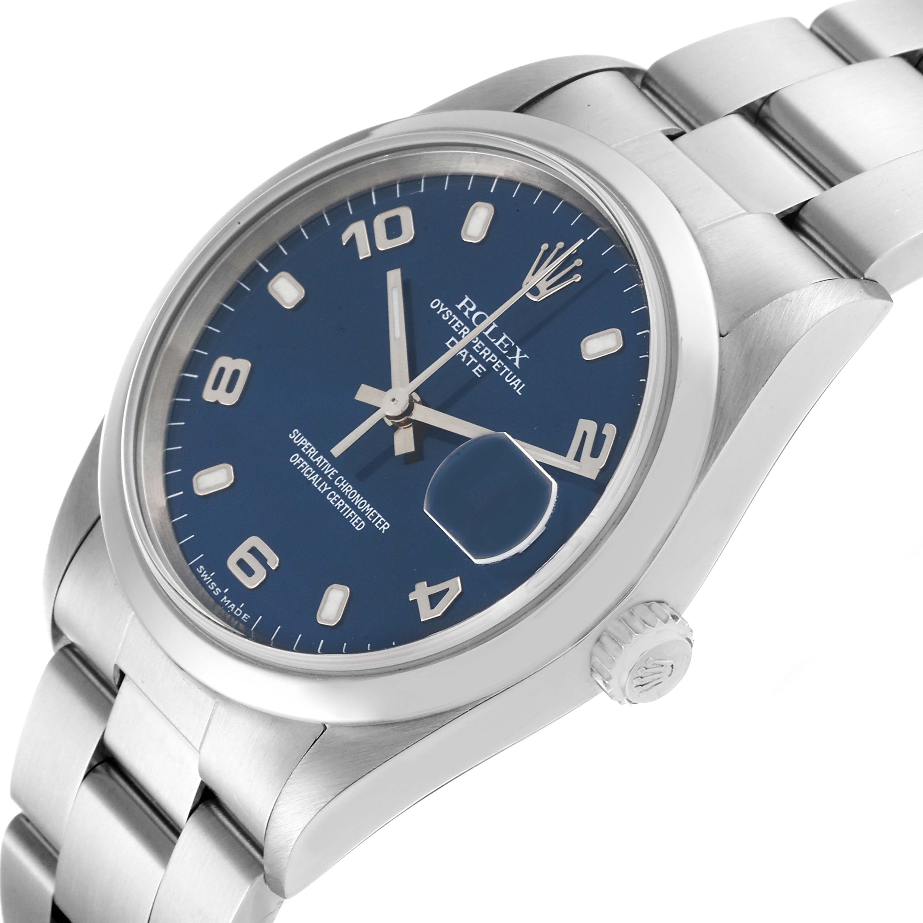 The image shows a close-up angle of the Rolex Date 15200 Men's Stainless Steel Blue Dial 15200 Men's Stainless Steel Blue Dial model watch, highlighting its blue dial, bracelet, and crown.