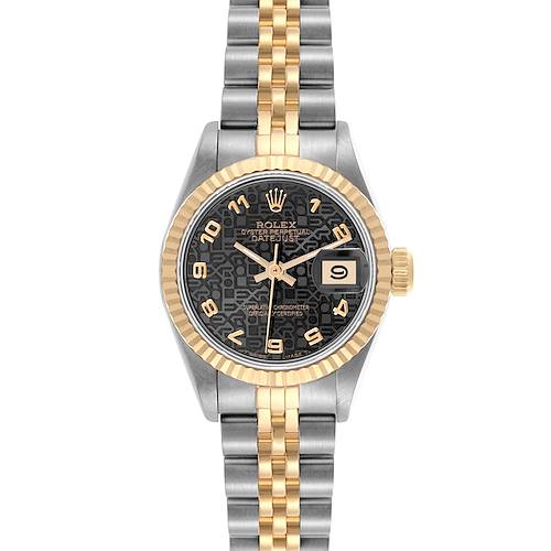 The Rolex Datejust 69173 Women's Steel and Gold (two tone) Black Dial 69173 Women's Steel and Gold (two tone) Black Dial watch is shown from the front, displaying its dial, bezel, and two-tone bracelet.