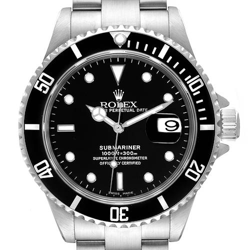 The image shows a frontal view of a Rolex Submariner 16610 Men's Stainless Steel Black Dial 16610 Men's Stainless Steel Black Dial watch, highlighting the dial, bezel, and bracelet.