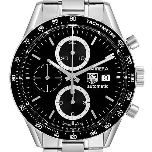 This image shows the front view of a Tag Heuer Carrera CV2010 Men's Stainless Steel Black Dial CV2010 Men's Stainless Steel Black Dial model watch, displaying the dial, bezel, and crown.