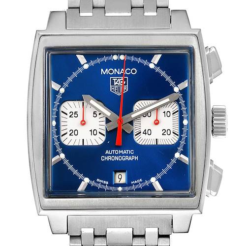 The image shows a frontal view of the Tag Heuer Monaco CW2113.BA0780 Men's Stainless Steel Blue Dial CW2113.BA0780 Men's Stainless Steel Blue Dial watch, highlighting its square dial, blue face, and stainless steel bracelet.