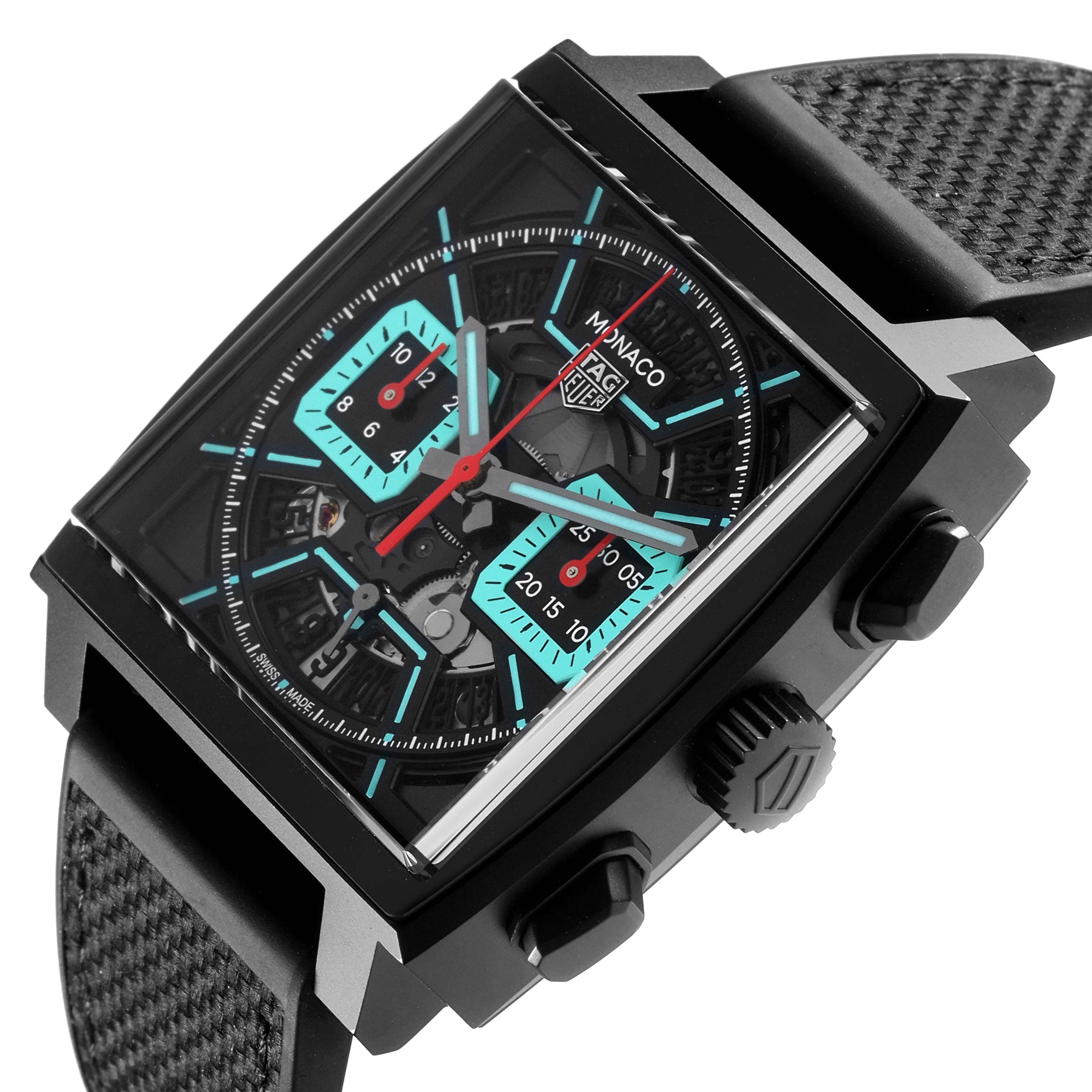 The Tag Heuer Monaco CBL2184.FT6236 Men's Titanium Transparent Dial CBL2184.FT6236 Men's Titanium Transparent Dial watch is shown from a side angle, highlighting the case, dial, crown, and pushers.