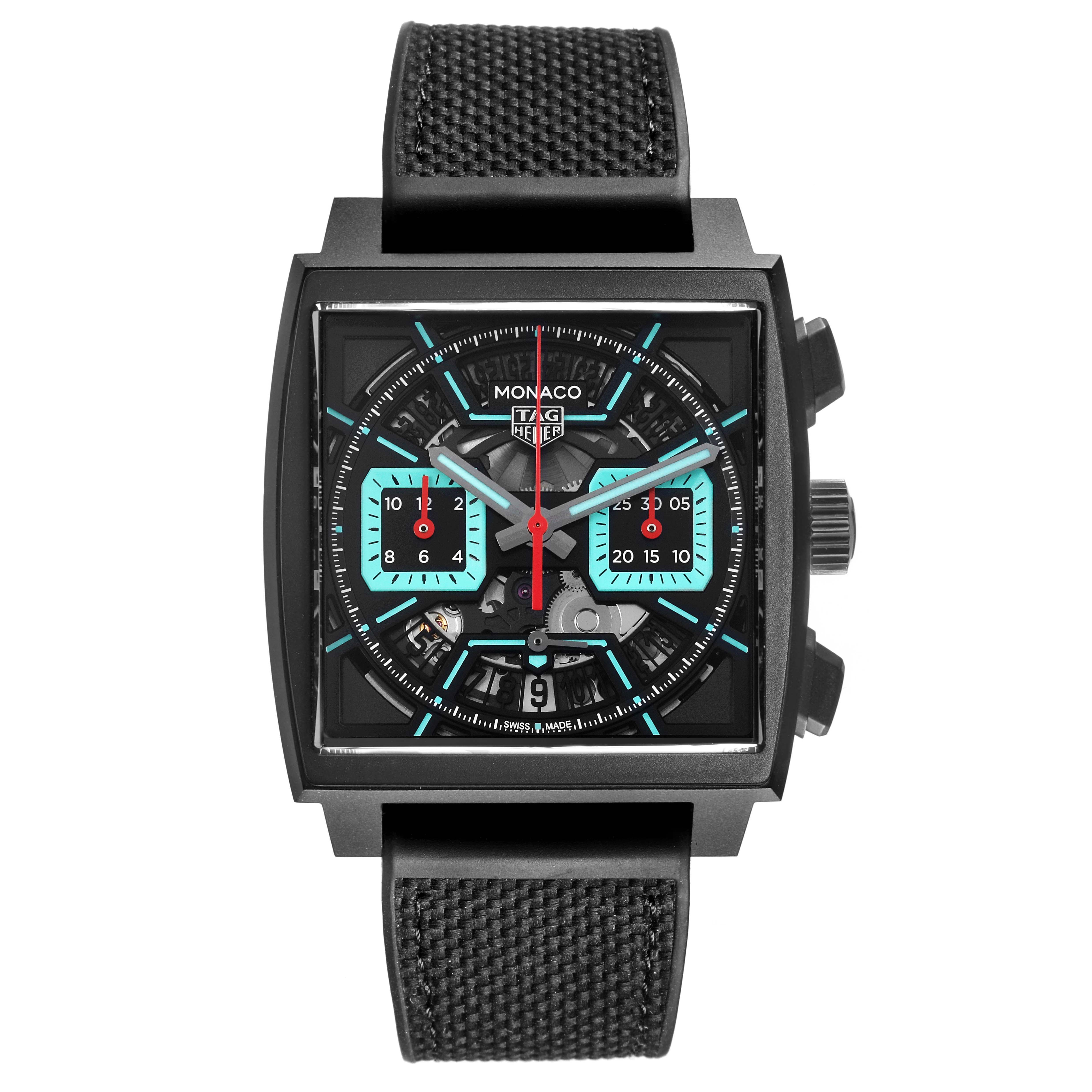 The image shows a frontal view of the Tag Heuer Monaco CBL2184.FT6236 Men's Titanium Transparent Dial CBL2184.FT6236 Men's Titanium Transparent Dial watch, highlighting its face, subdials, and strap.