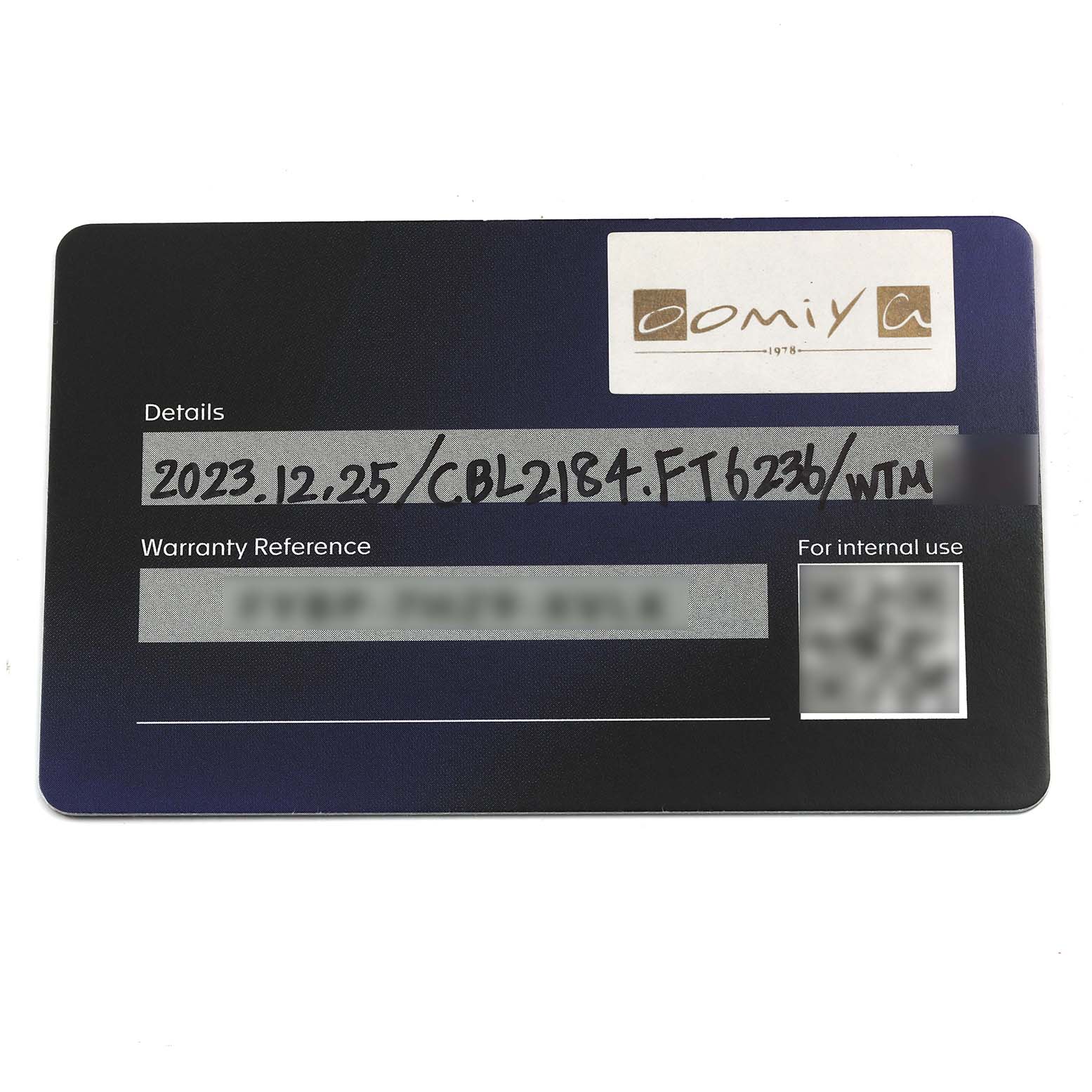 The image shows a warranty card for the Tag Heuer Monaco CBL2184.FT6236 Men's Titanium Transparent Dial CBL2184.FT6236 Men's Titanium Transparent Dial model, featuring handwritten purchase details.