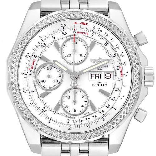 The Breitling Bentley A1336212/A726 Men's Stainless Steel White Dial A1336212/A726 Men's Stainless Steel White Dial watch is shown from a front angle, highlighting the dial, subdials, bezel, and part of the bracelet.
