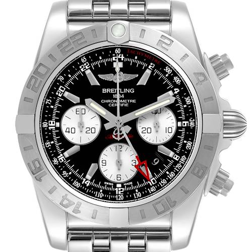 The image shows the Breitling Chronomat AB0420 Men's Stainless Steel Black Dial AB0420 Men's Stainless Steel Black Dial watch from a front angle, highlighting its face, bezel, and crown.