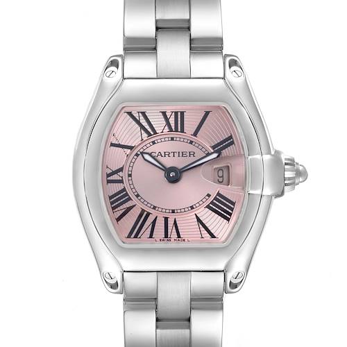 The Cartier Roadster W62017V3 Women's Stainless Steel Pink Dial W62017V3 Women's Stainless Steel Pink Dial watch is shown from a top-down angle, highlighting the face, bracelet, and crown.