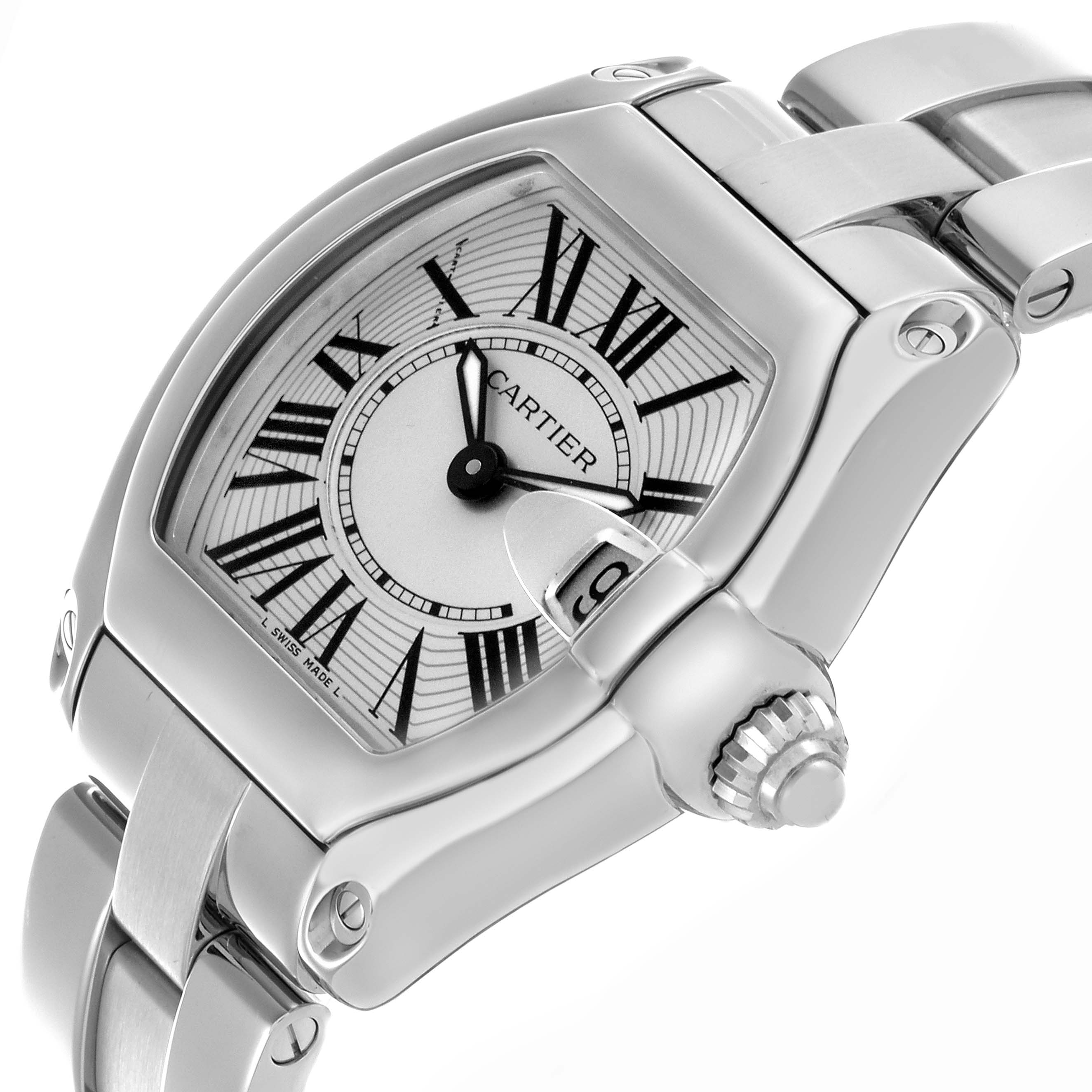 The Cartier Roadster W62016V3 Women's Stainless Steel Silver Dial W62016V3 Women's Stainless Steel Silver Dial watch is shown from a side angle, displaying its dial, crown, and part of the bracelet.