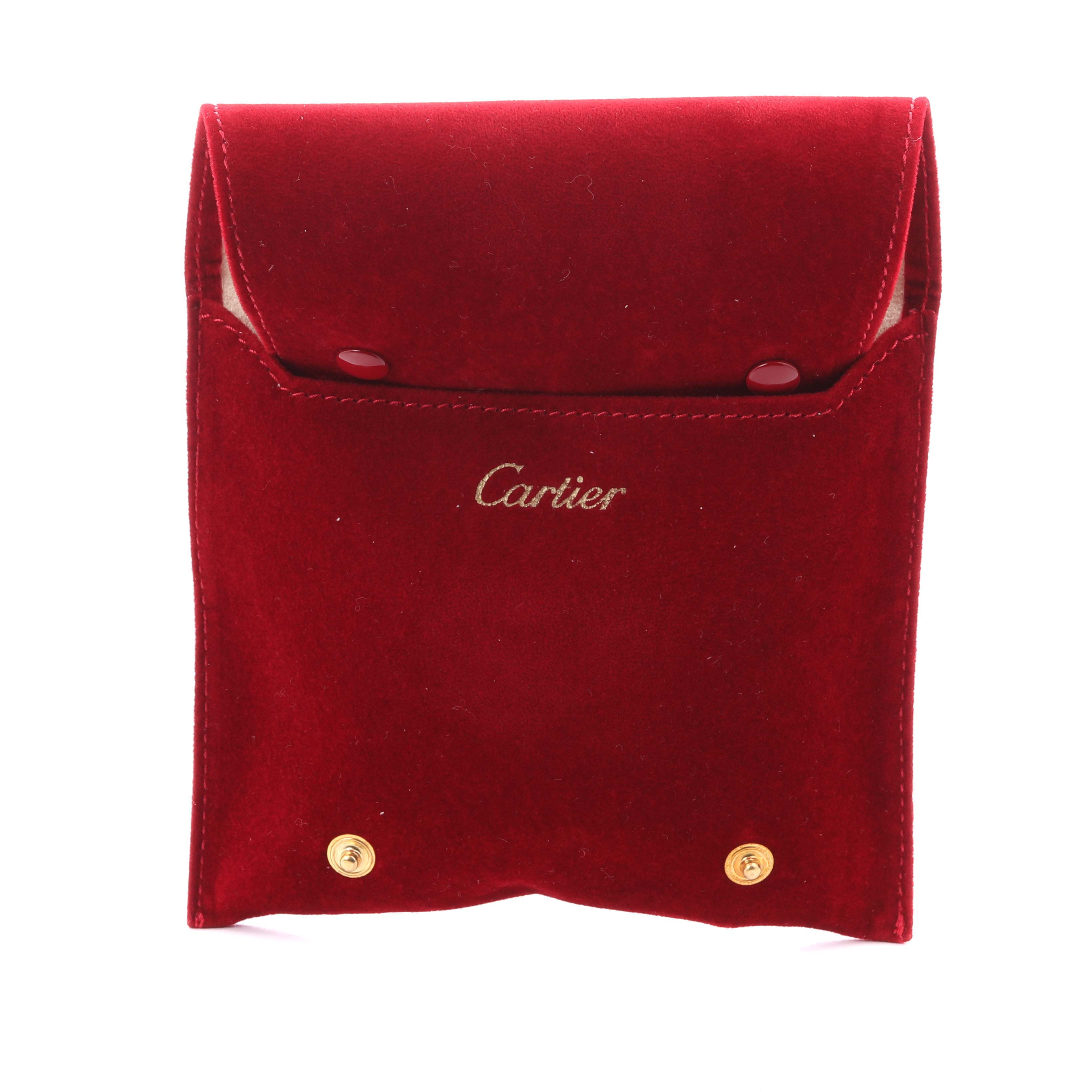 The image shows a red velvet pouch for Cartier Roadster W62016V3 Women's Stainless Steel Silver Dial W62016V3 Women's Stainless Steel Silver Dial accessories, viewed from the front with the brand logo visible.