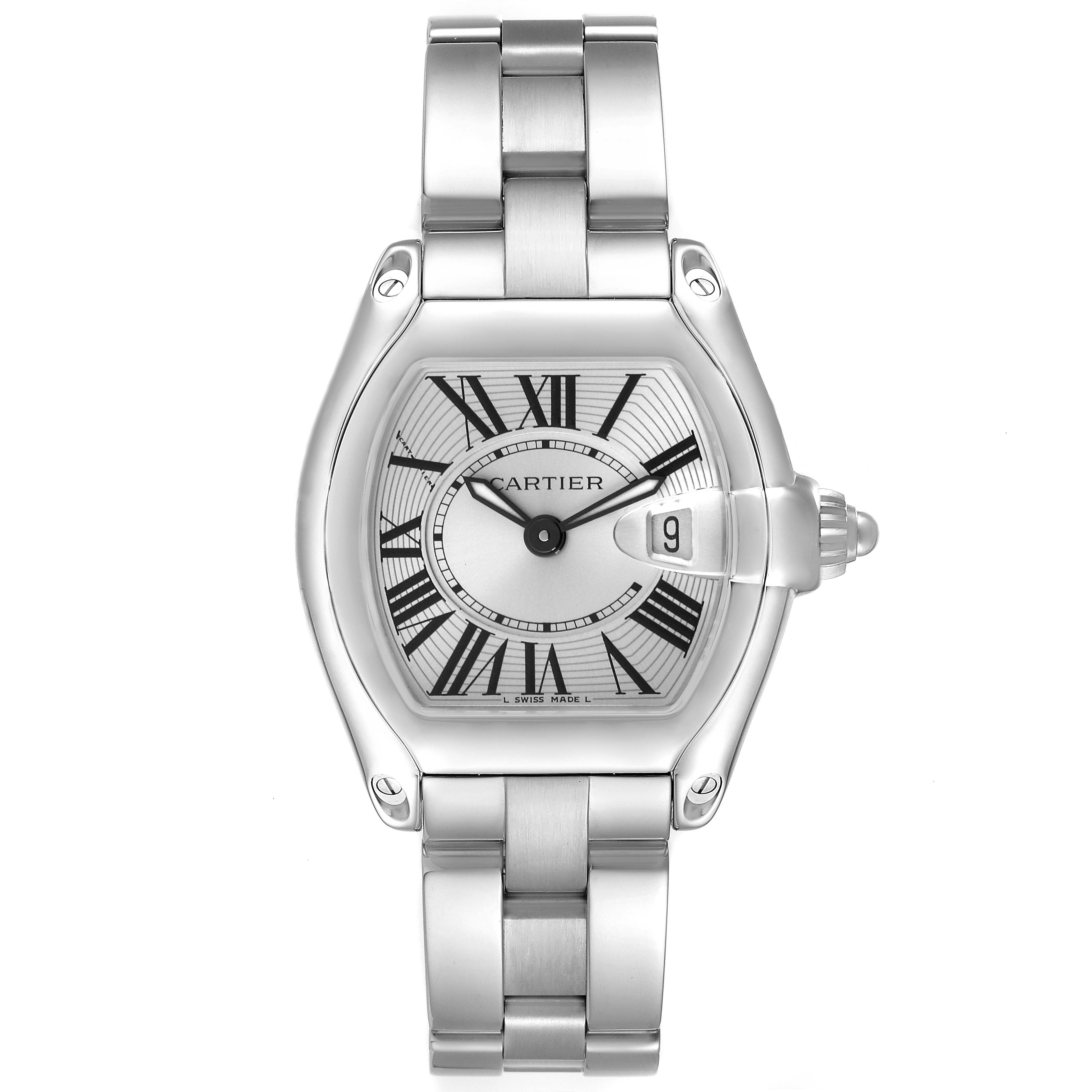 The Cartier Roadster W62016V3 Women's Stainless Steel Silver Dial W62016V3 Women's Stainless Steel Silver Dial watch is shown from a front view, displaying its face and metal band.
