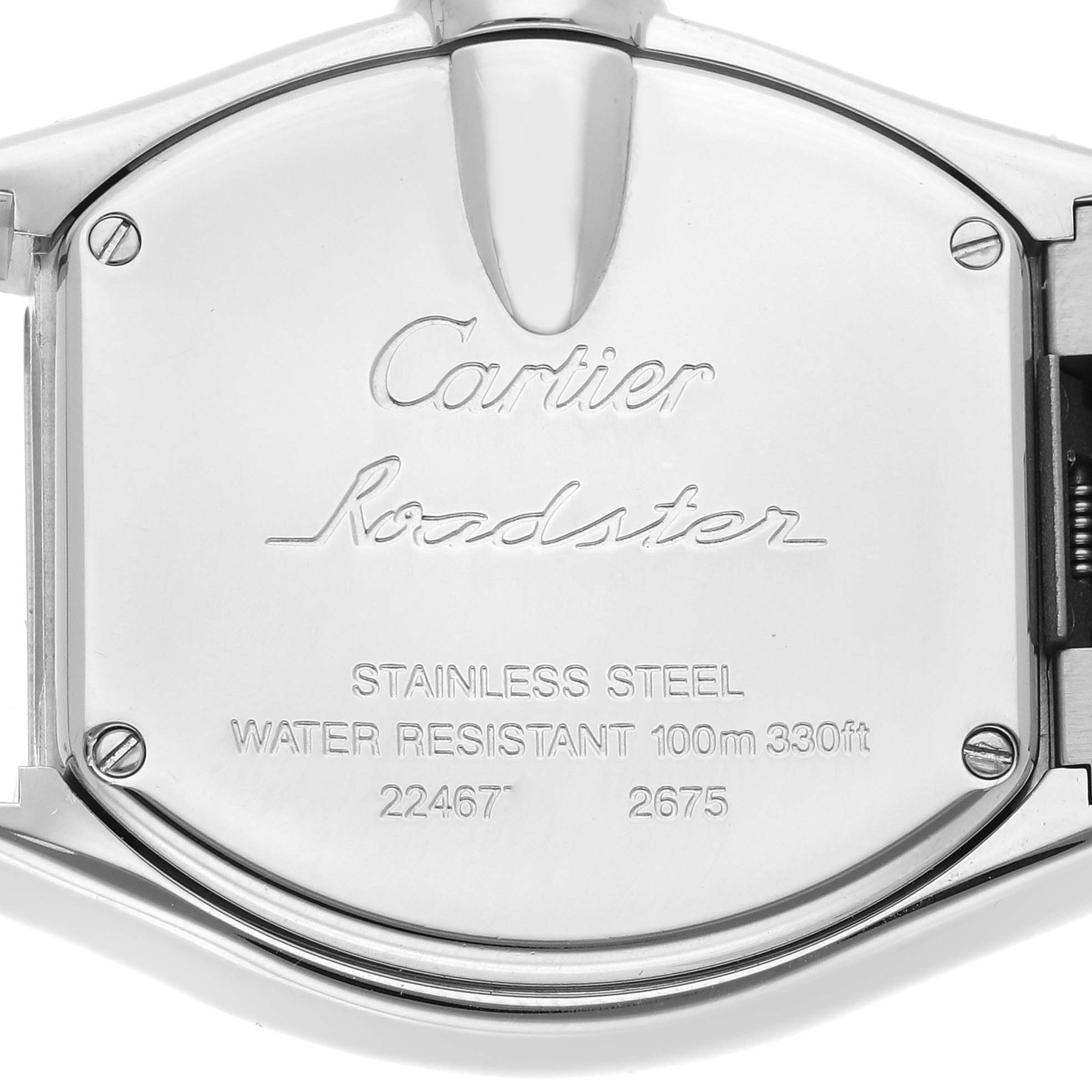 The image shows the back case of a Cartier Roadster W62016V3 Women's Stainless Steel Silver Dial W62016V3 Women's Stainless Steel Silver Dial watch, highlighting the engraved details.
