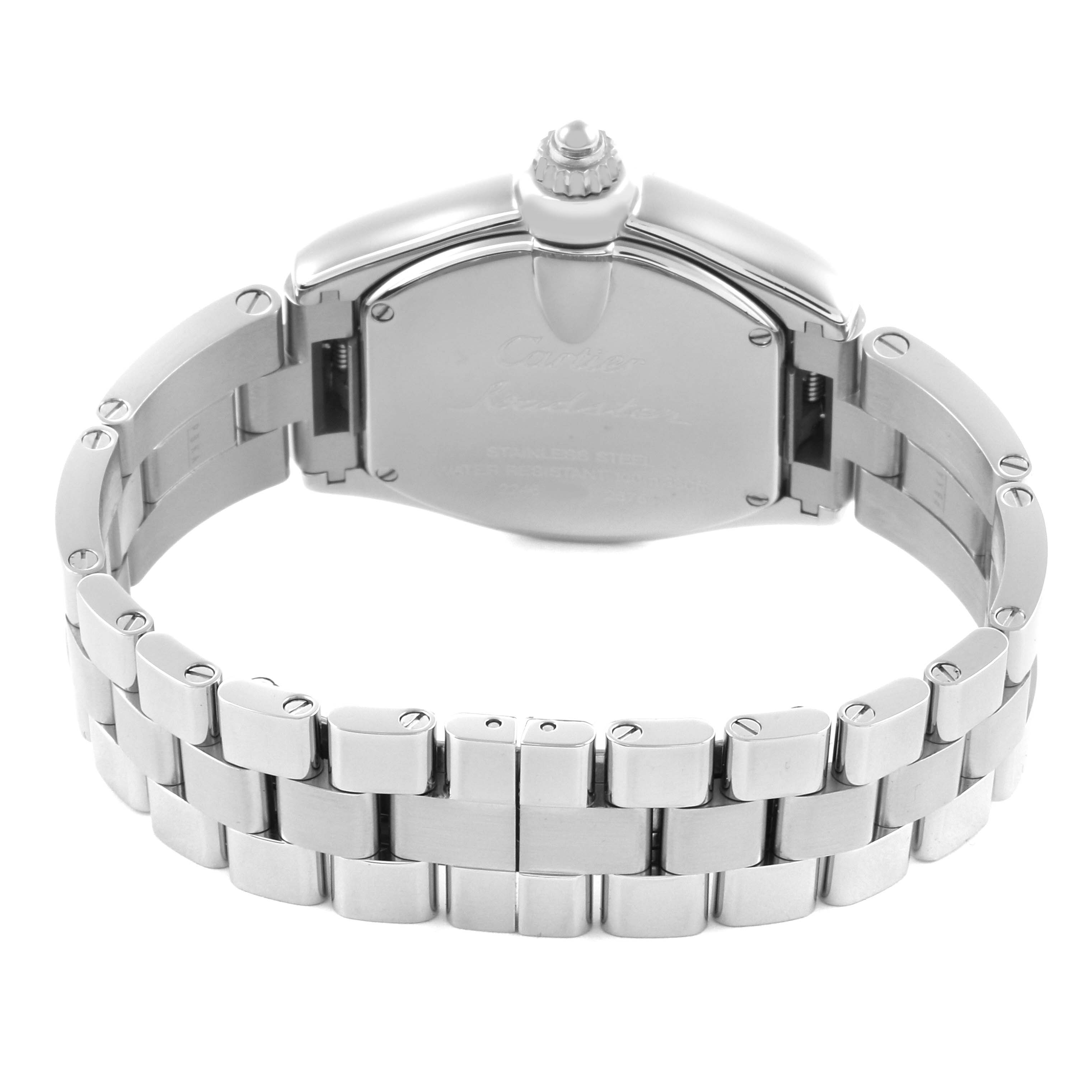 The image shows the back case and bracelet of the Cartier Roadster W62016V3 Women's Stainless Steel Silver Dial W62016V3 Women's Stainless Steel Silver Dial watch from a rear angle.