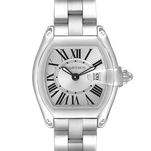 The Cartier Roadster W62016V3 Women's Stainless Steel Silver Dial W62016V3 Women's Stainless Steel Silver Dial watch is shown from the front, displaying the dial, case, bracelet, and date window.