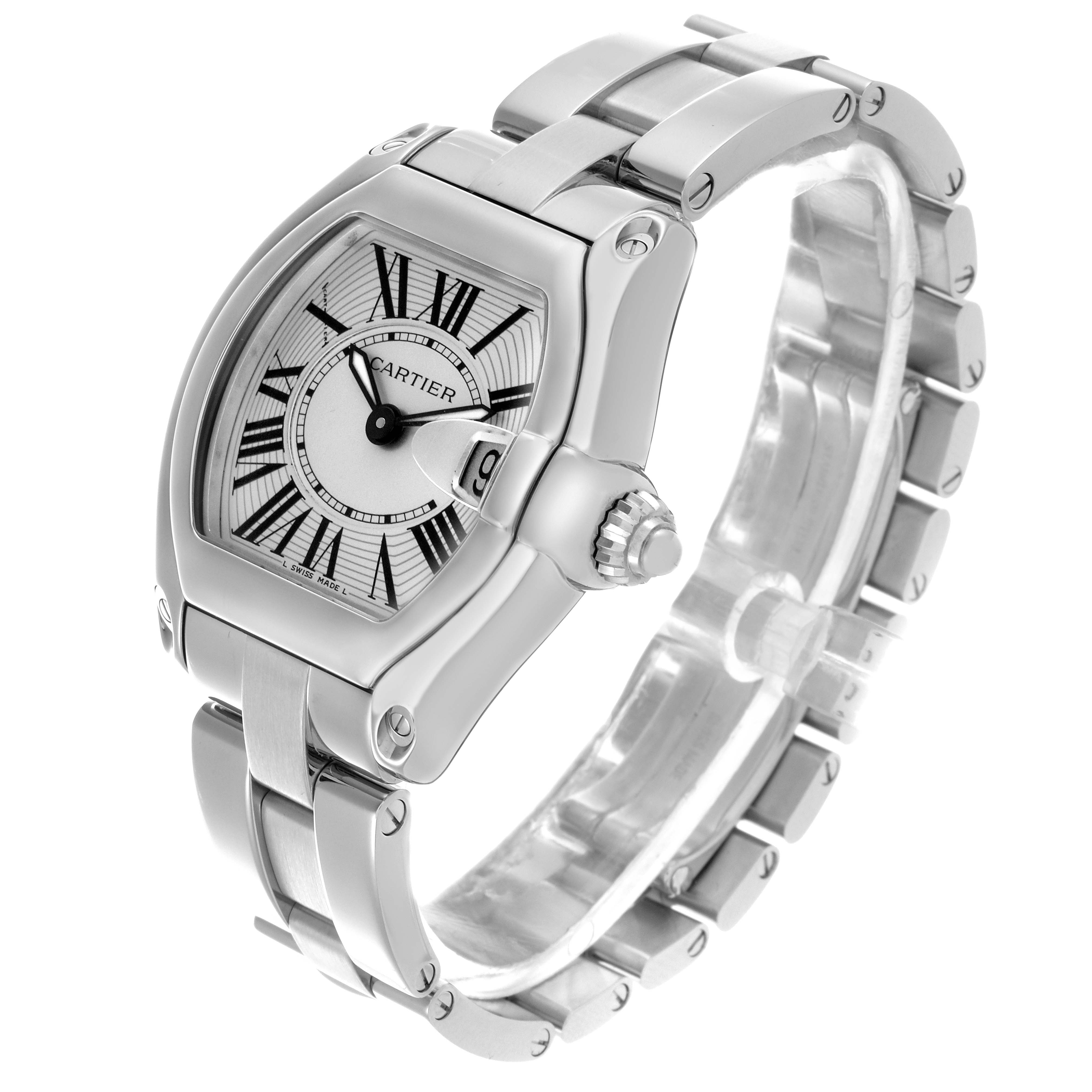 The Cartier Roadster W62016V3 Women's Stainless Steel Silver Dial W62016V3 Women's Stainless Steel Silver Dial watch is shown at a slight angle, displaying its face, crown, and bracelet.
