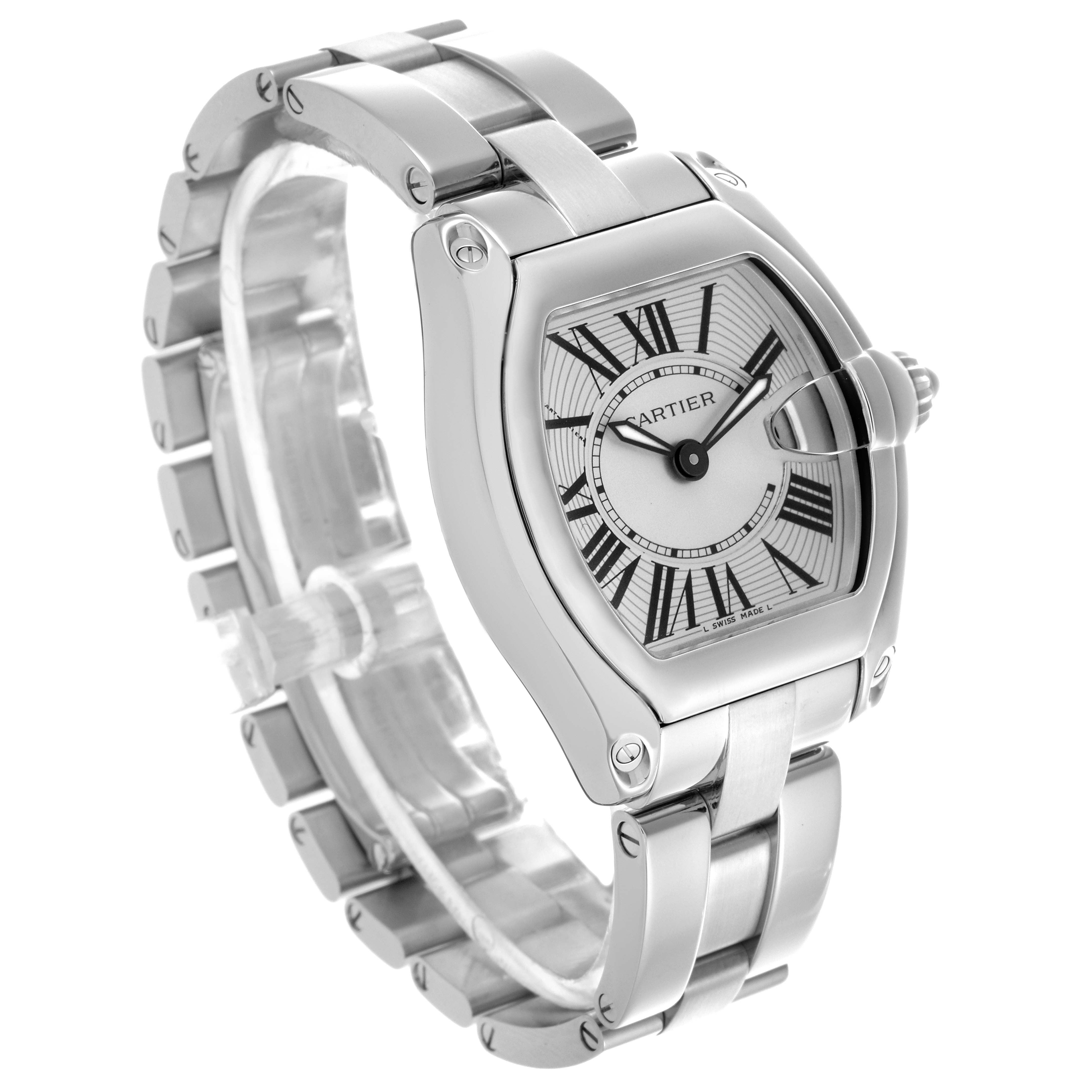 This Cartier Roadster W62016V3 Women's Stainless Steel Silver Dial W62016V3 Women's Stainless Steel Silver Dial watch is shown at a three-quarter angle, highlighting its case, dial, and stainless steel bracelet.