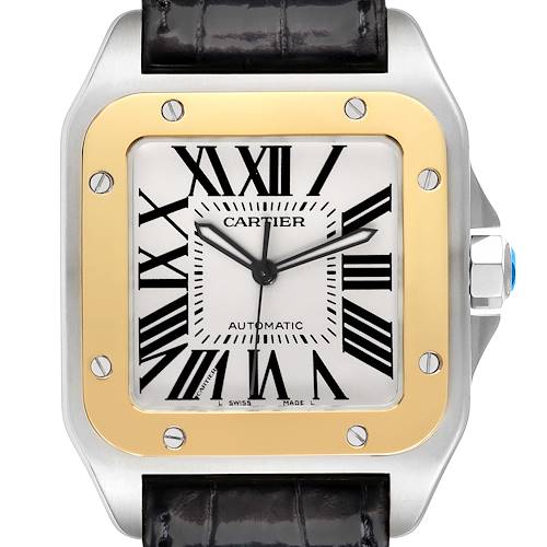 The Cartier Santos W20072X7 Men's Steel and Gold (two tone) Silver Dial W20072X7 Men's Steel and Gold (two tone) Silver Dial watch is shown in a front view, highlighting its face, bezel, and crown.