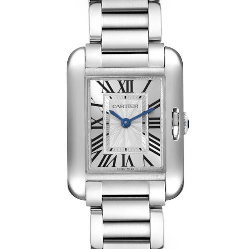 The image shows a front view of the Cartier Tank Anglaise W5310022 Women's Stainless Steel Silver Dial W5310022 Women's Stainless Steel Silver Dial watch, featuring its rectangular face, Roman numerals, and a metal bracelet.