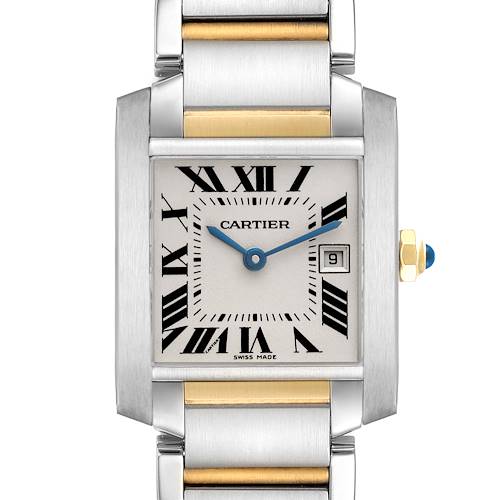 The Cartier Tank Francaise W51012Q4 Women's Steel and Gold (two tone) Silver Dial W51012Q4 Women's Steel and Gold (two tone) Silver Dial watch is shown from the front, highlighting the face, bracelet, and blue cabochon crown.