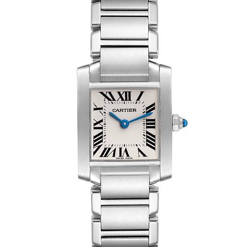 This Cartier Tank Francaise W51008Q3 Women's Stainless Steel Silver Dial W51008Q3 Women's Stainless Steel Silver Dial watch is shown from a top-down angle, displaying its rectangular face, roman numerals, and stainless steel bracelet.