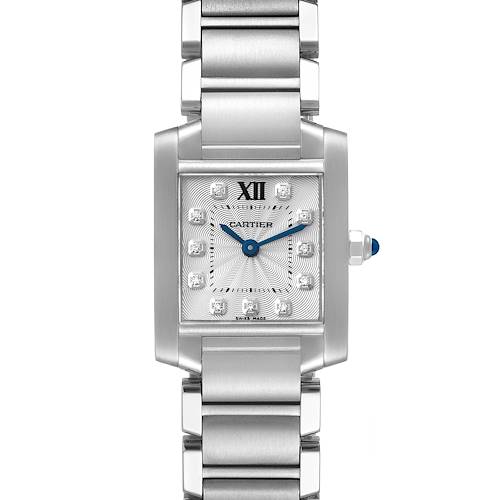 The image shows a Cartier Tank Française watch from a front angle, highlighting the square dial, blue hands, and metal bracelet.