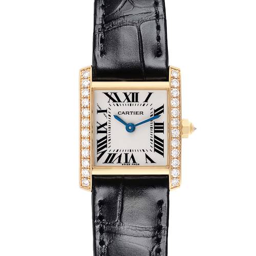 The Cartier Tank Française is shown from the front, displaying the face, straps, and diamond-set bezel.
