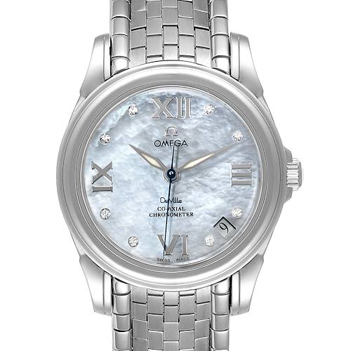 The image shows a frontal view of the Omega 4531.31.00  Women's Stainless Steel Mother of Pearl Dial 4531.31.00  Women's Stainless Steel Mother of Pearl Dial DeVille Co-Axial 31 MOP Diamond Dial Steel Ladies Watch 4531.31.00, displaying its dial and bracelet.