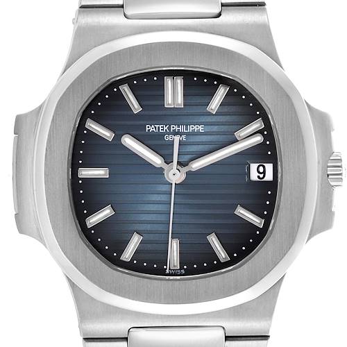The image shows the front view of a Patek Philippe Nautilus 5800/1A-001 Men's Stainless Steel Blue Dial 5800/1A-001 Men's Stainless Steel Blue Dial watch, displaying the dial, hands, and steel case.