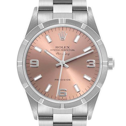 The Rolex Air-King 14010 Men's Stainless Steel Pink Dial 14010 Men's Stainless Steel Pink Dial watch is shown from the front, highlighting its dial, bezel, crown, and bracelet.