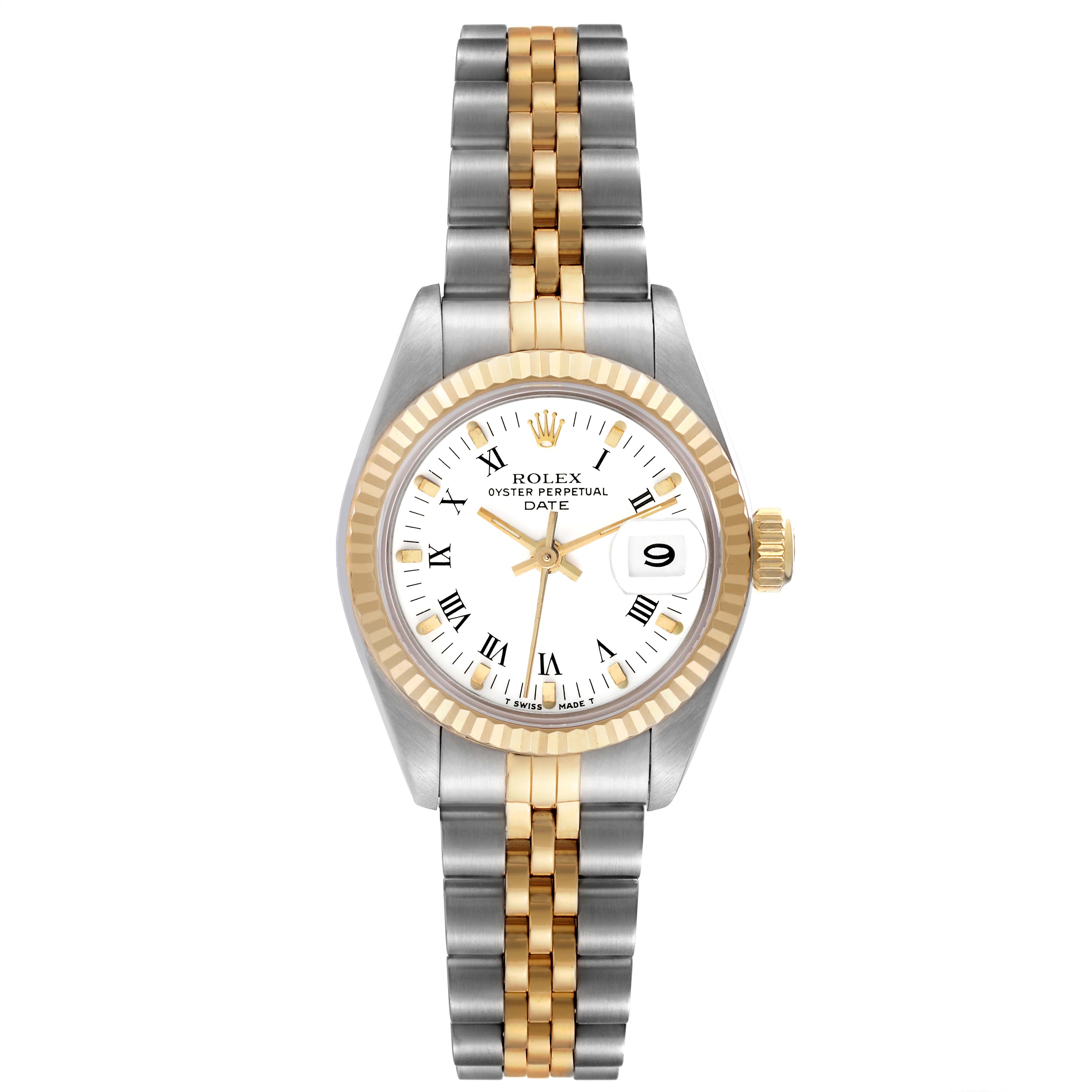 The Rolex Date 69173 Women's Steel and Gold (two tone) White Dial 69173 Women's Steel and Gold (two tone) White Dial model watch is shown from a top view, highlighting the face, bezel, crown, and two-tone bracelet.