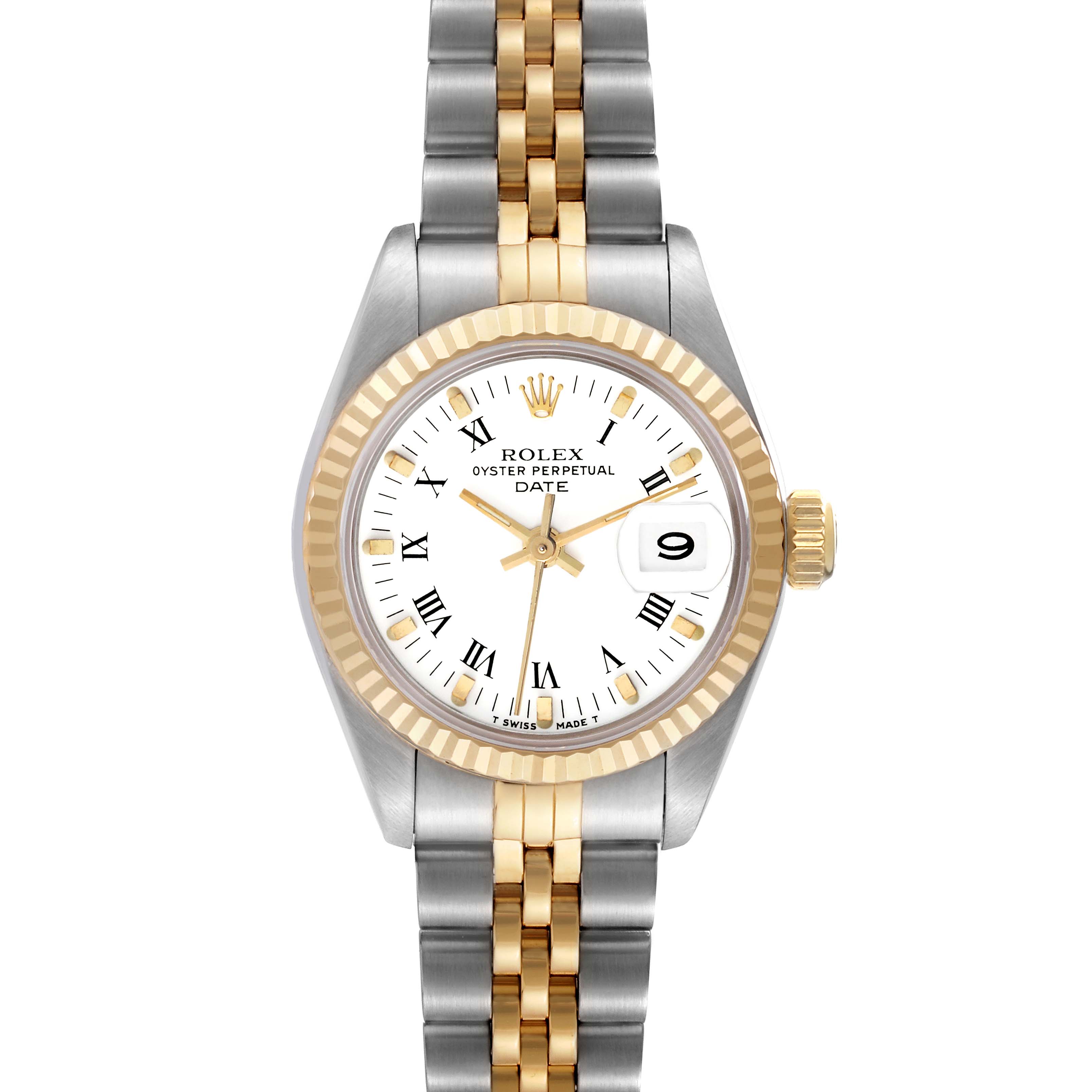 The Rolex Date 69173 Women's Steel and Gold (two tone) White Dial 69173 Women's Steel and Gold (two tone) White Dial watch is shown from the front, displaying the dial, bezel, and the two-tone bracelet.