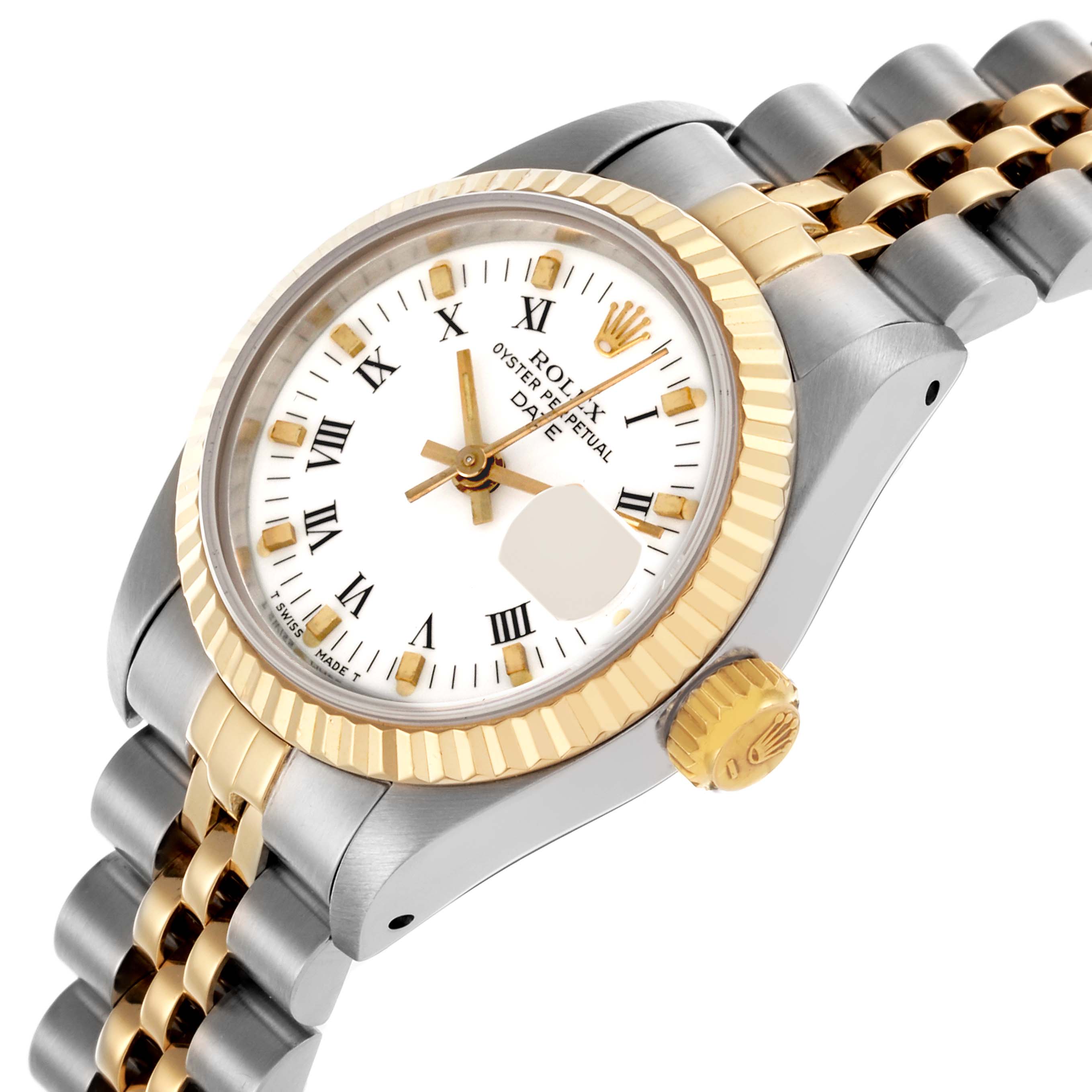 The Rolex Date 69173 Women's Steel and Gold (two tone) White Dial 69173 Women's Steel and Gold (two tone) White Dial model watch is shown at a slight diagonal angle highlighting the dial, fluted bezel, crown, and two-tone bracelet.