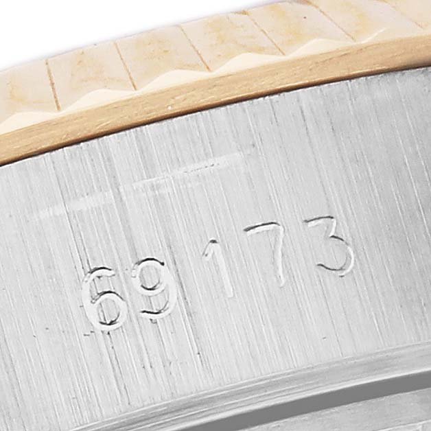 The image shows a close-up of the side bezel and case with the model number of the Rolex Date 69173 Women's Steel and Gold (two tone) White Dial 69173 Women's Steel and Gold (two tone) White Dial watch.