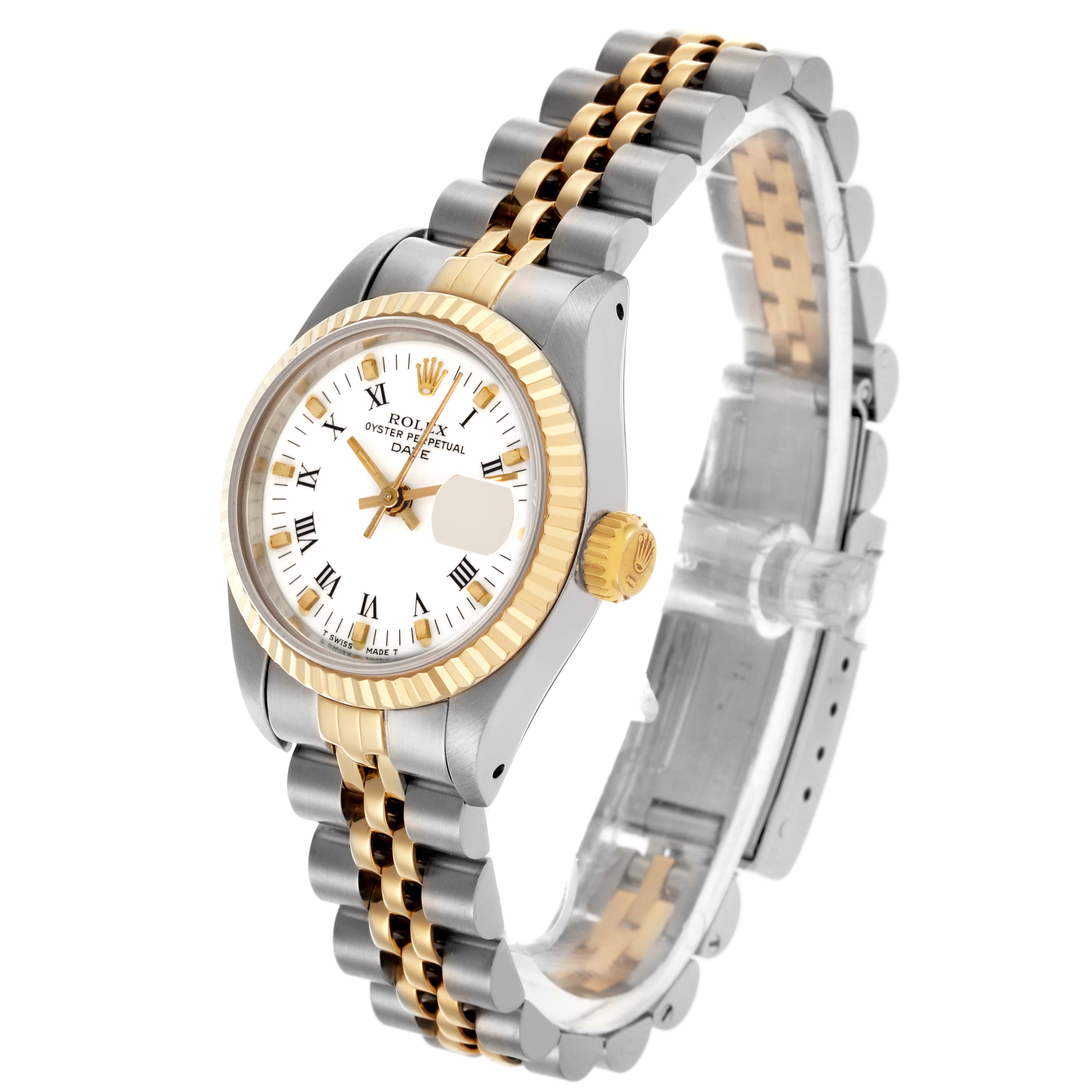 The Rolex Date 69173 Women's Steel and Gold (two tone) White Dial 69173 Women's Steel and Gold (two tone) White Dial watch is shown at an angled side view, displaying the dial, bezel, crown, and two-tone bracelet.