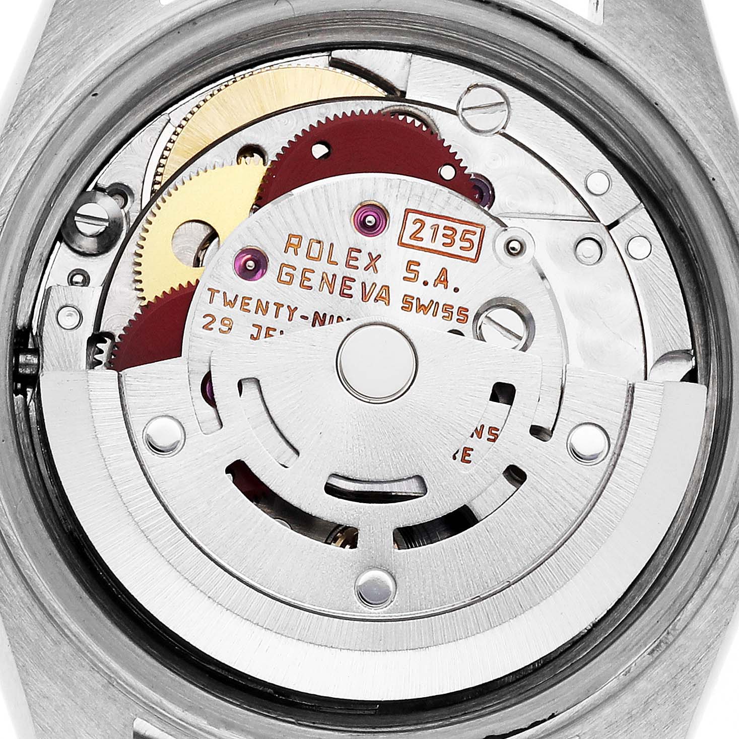 The image shows the intricate inner mechanics of a Rolex Date 69173 Women's Steel and Gold (two tone) White Dial 69173 Women's Steel and Gold (two tone) White Dial model, focusing on the movement components.
