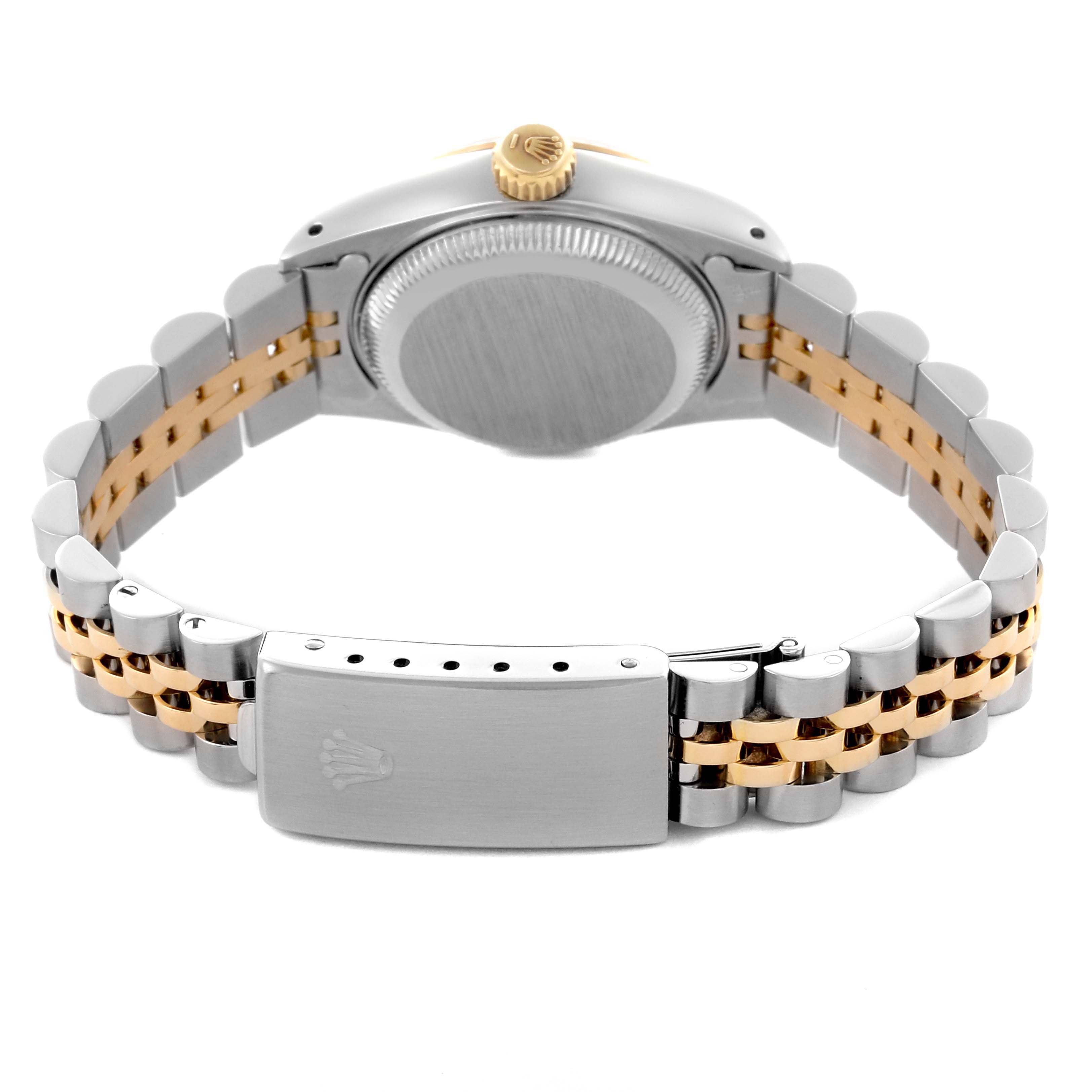 The image shows the back case, crown, and clasp of a Rolex Date 69173 Women's Steel and Gold (two tone) White Dial 69173 Women's Steel and Gold (two tone) White Dial watch with a two-tone bracelet, viewed from the rear.