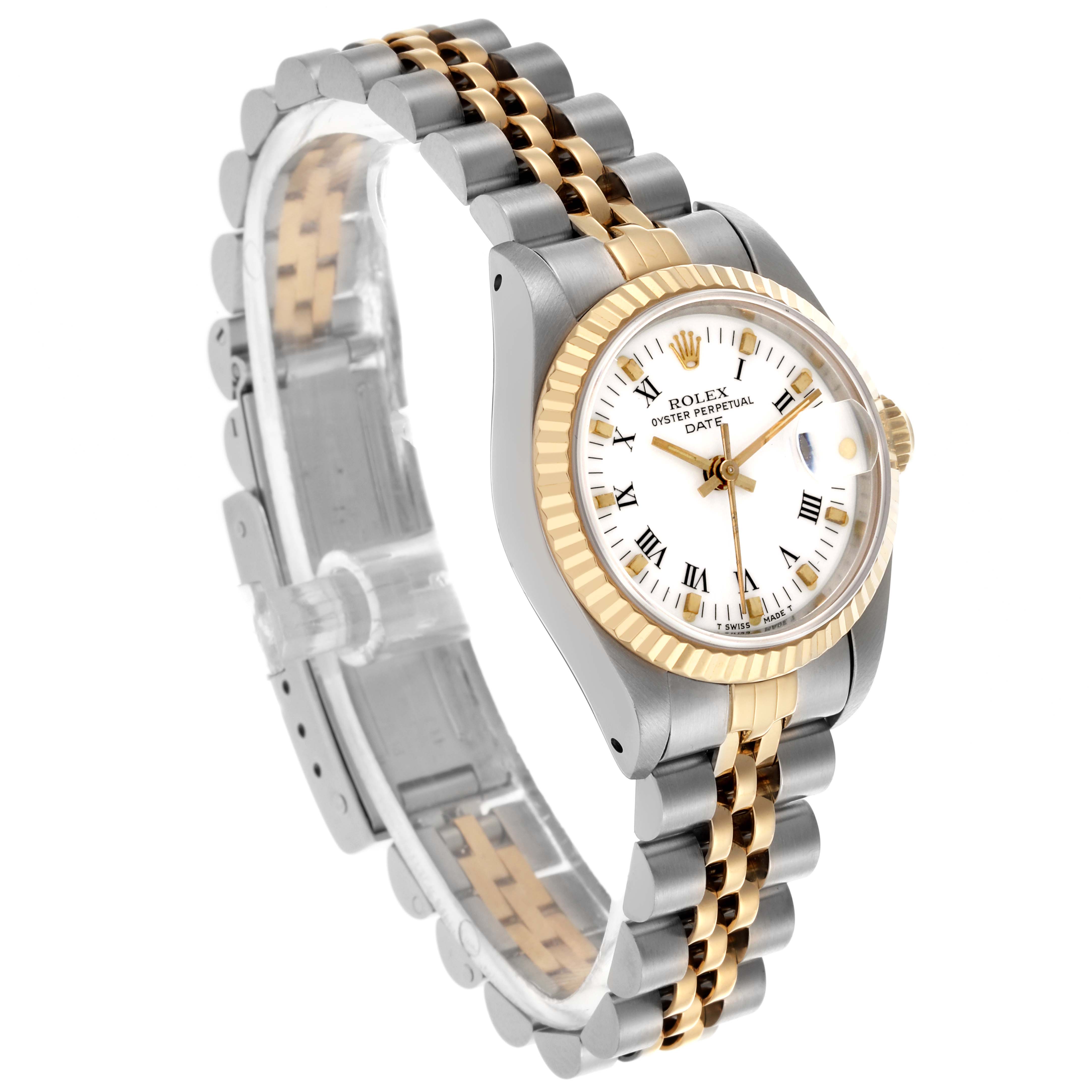 The Rolex Date 69173 Women's Steel and Gold (two tone) White Dial 69173 Women's Steel and Gold (two tone) White Dial model is shown from a front-right angle, displaying its face, bezel, and bracelet.