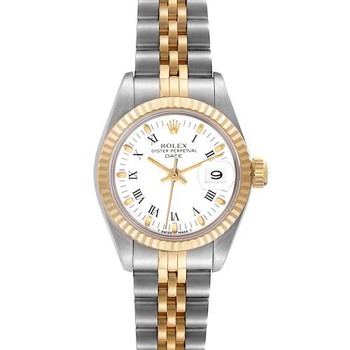 The Rolex Date 69173 Women's Steel and Gold (two tone) White Dial 69173 Women's Steel and Gold (two tone) White Dial watch is shown from the front, highlighting the face, bezel, dial, and two-tone bracelet.