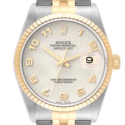 The Rolex Datejust 16233 Men's Steel and Gold (two tone) Beige Dial 16233 Men's Steel and Gold (two tone) Beige Dial watch is shown from the front, highlighting the dial, bezel, crown, and part of the bracelet.