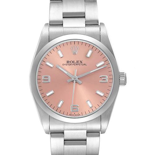 The Rolex Oyster Perpetual Mid-Size watch is shown from the front, highlighting the face, hands, crown, and part of the bracelet.