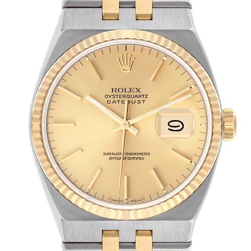 The image shows a front view of the Rolex Oysterquartz 17013 Men's Steel and Gold (two tone) Champagne Dial 17013 Men's Steel and Gold (two tone) Champagne Dial, highlighting its dial, bezel, and crown.