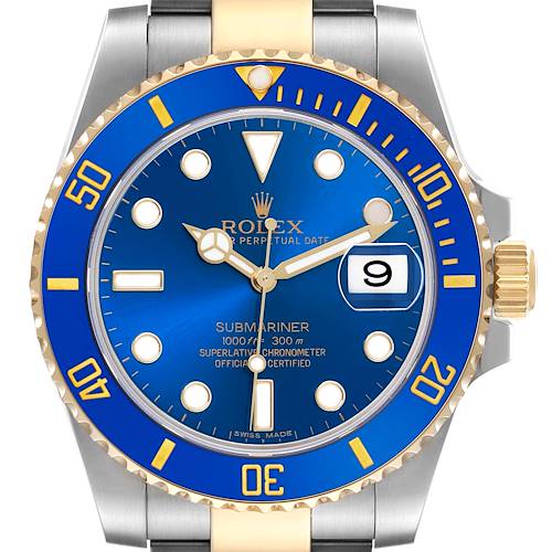 The image shows a front view of a Rolex Submariner 116613LB Men's Steel and Gold (two tone) Blue Dial 116613LB Men's Steel and Gold (two tone) Blue Dial's face, bezel, and part of the bracelet and case.