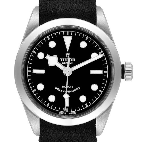 This is a head-on view of the Tudor Heritage Black Bay 79500 Men's Stainless Steel Black Dial 79500 Men's Stainless Steel Black Dial watch, showing the entire face, bezel, crown, and a portion of the strap.