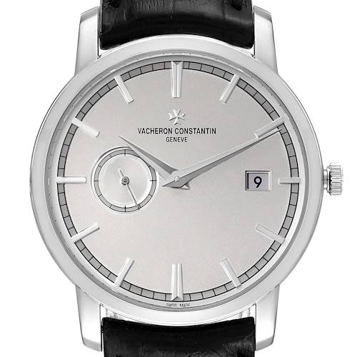 The image shows a front view of the Vacheron Constantin Traditionnelle 87172/000G-9301 Men's White Gold Silver Dial 87172/000G-9301 Men's White Gold Silver Dial watch, displaying its dial, hands, and strap attachments.