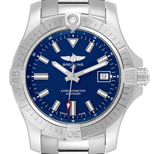 The Breitling Avenger A17318101C1A1 Men's Stainless Steel Blue Dial A17318101C1A1 Men's Stainless Steel Blue Dial watch is shown from the front, displaying the dial, bezel, crown, and part of the bracelet.
