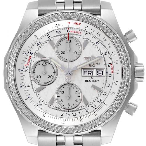 The Breitling Bentley A1336346/9680 Men's Stainless Steel Silver Dial A1336346/9680 Men's Stainless Steel Silver Dial watch is shown from a front angle, highlighting its face, bezel, and chronograph dials.