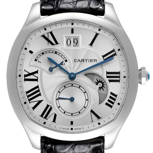 The Drive de Cartier watch is shown in a front view, highlighting the dial, Roman numerals, subdials, and date window.