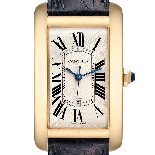 The Cartier Tank Americaine W2603156 Men's Yellow Gold Silver Dial W2603156 Men's Yellow Gold Silver Dial watch is shown from the front, displaying the dial and part of the strap.
