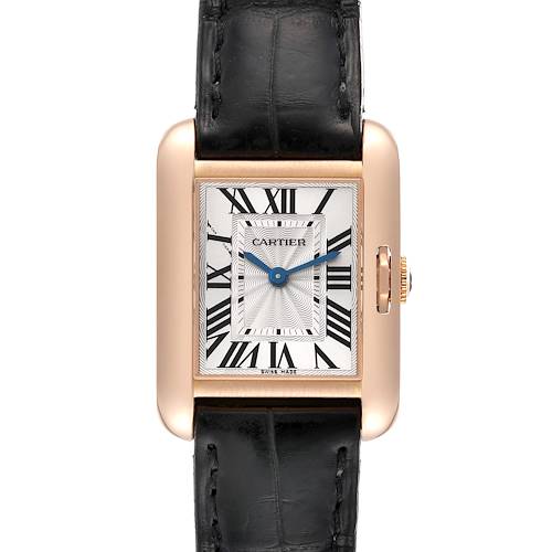 The image shows a front view of the Cartier Tank Anglaise W5310027 Women's Rose Gold Silver Dial W5310027 Women's Rose Gold Silver Dial watch, highlighting its face and black leather strap.