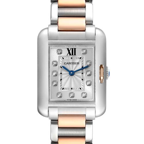 The image shows a front view of the Cartier Tank Anglaise WT100024 Women's Steel and Gold (two tone) Silver Dial WT100024 Women's Steel and Gold (two tone) Silver Dial watch, highlighting its face, case, and metal strap.