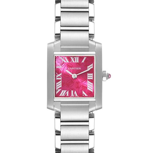 The image shows a front view of a Cartier Tank Française watch, highlighting its face, hands, crown, and bracelet.